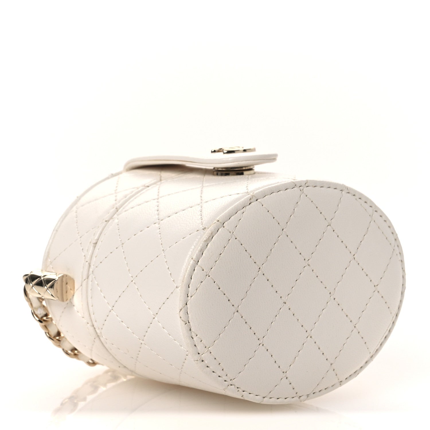 Lambskin Quilted Round Mini Vanity Case With Chain Case With Chain White