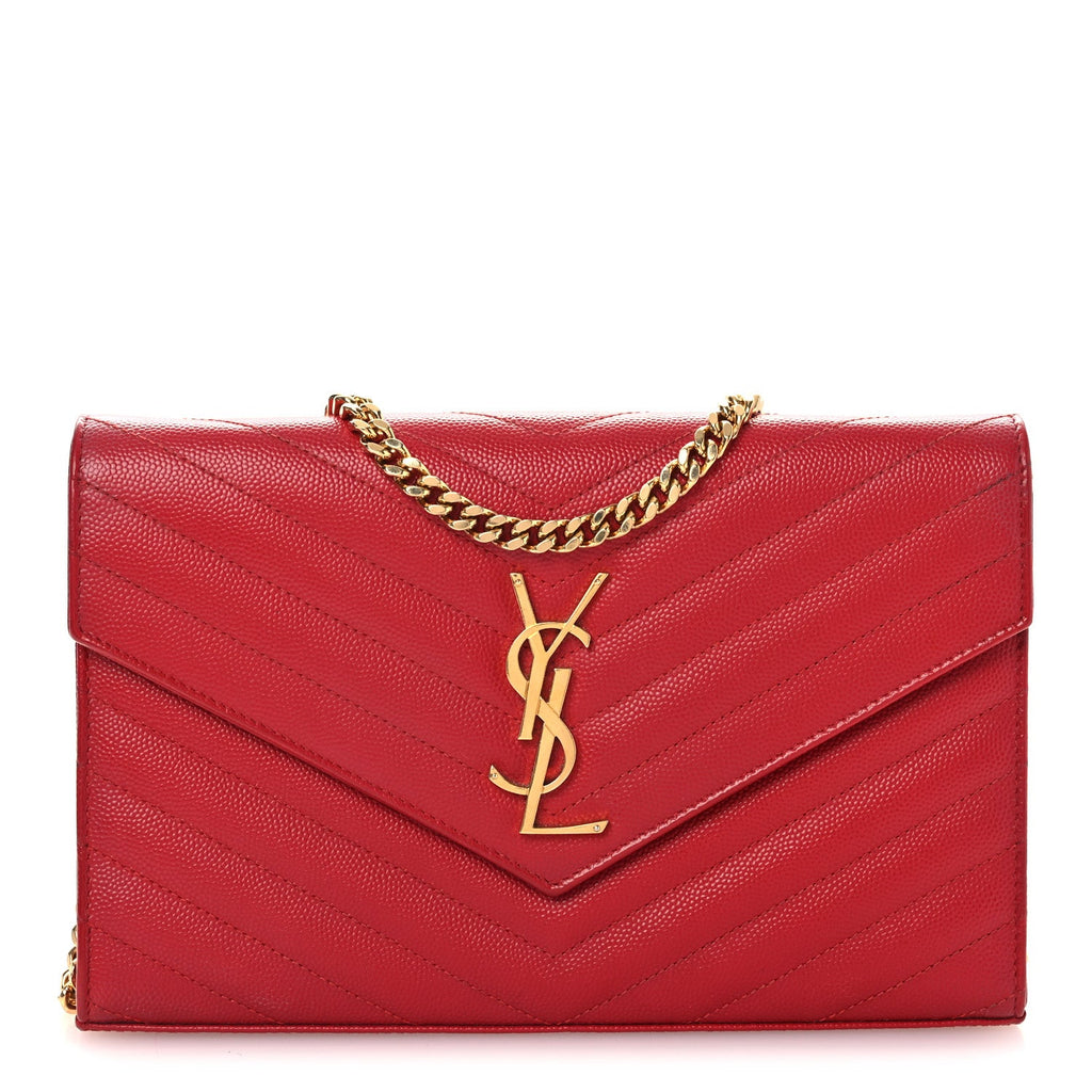 Grain De Poudre Matelasse Chevron Monogram Chain Wallet Red