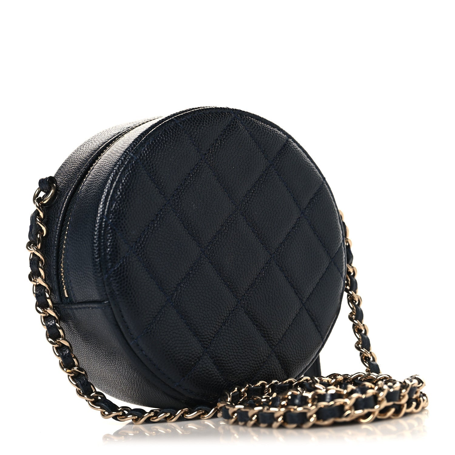 Caviar Quilted Round Clutch With Chain Navy
