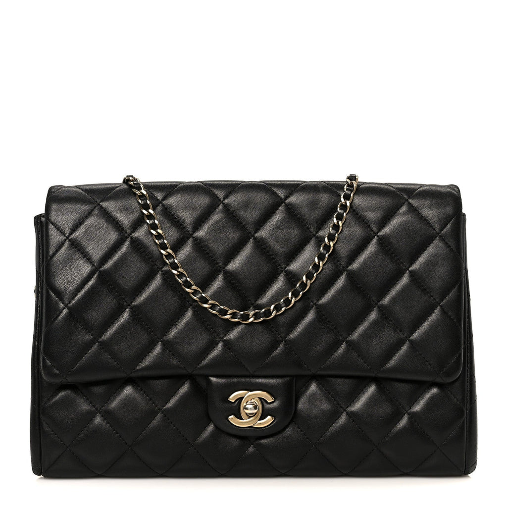Lambskin Quilted Clutch With Chain Flap Black