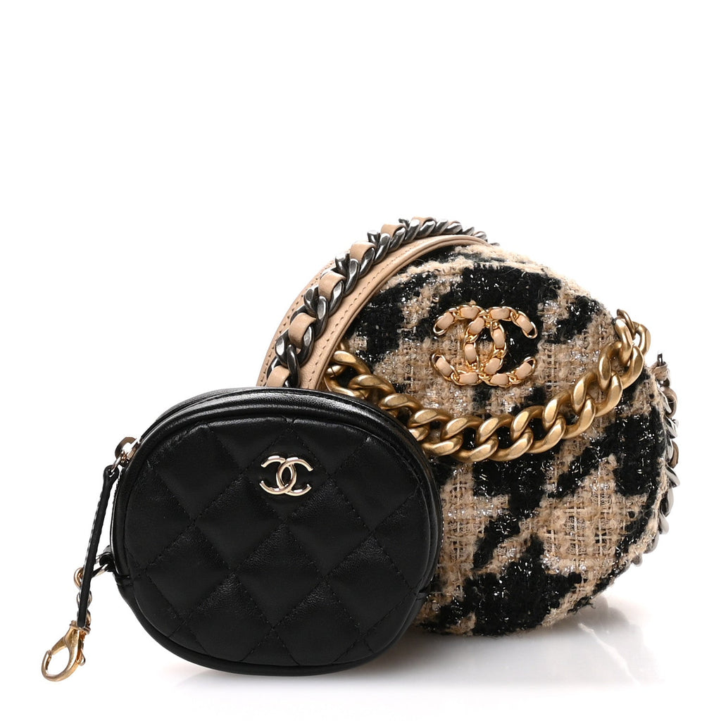 Wool Tweed Lambskin Quilted Chanel 19 Round Clutch With Chain and Coin Purse Beige Black