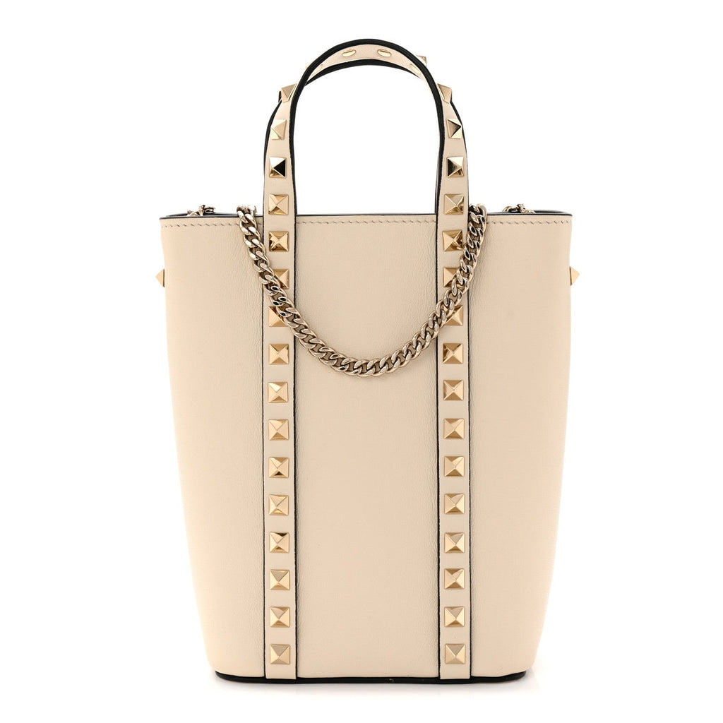 Pebbled Calfskin Rockstud North South Crossbody Bag Light Ivory