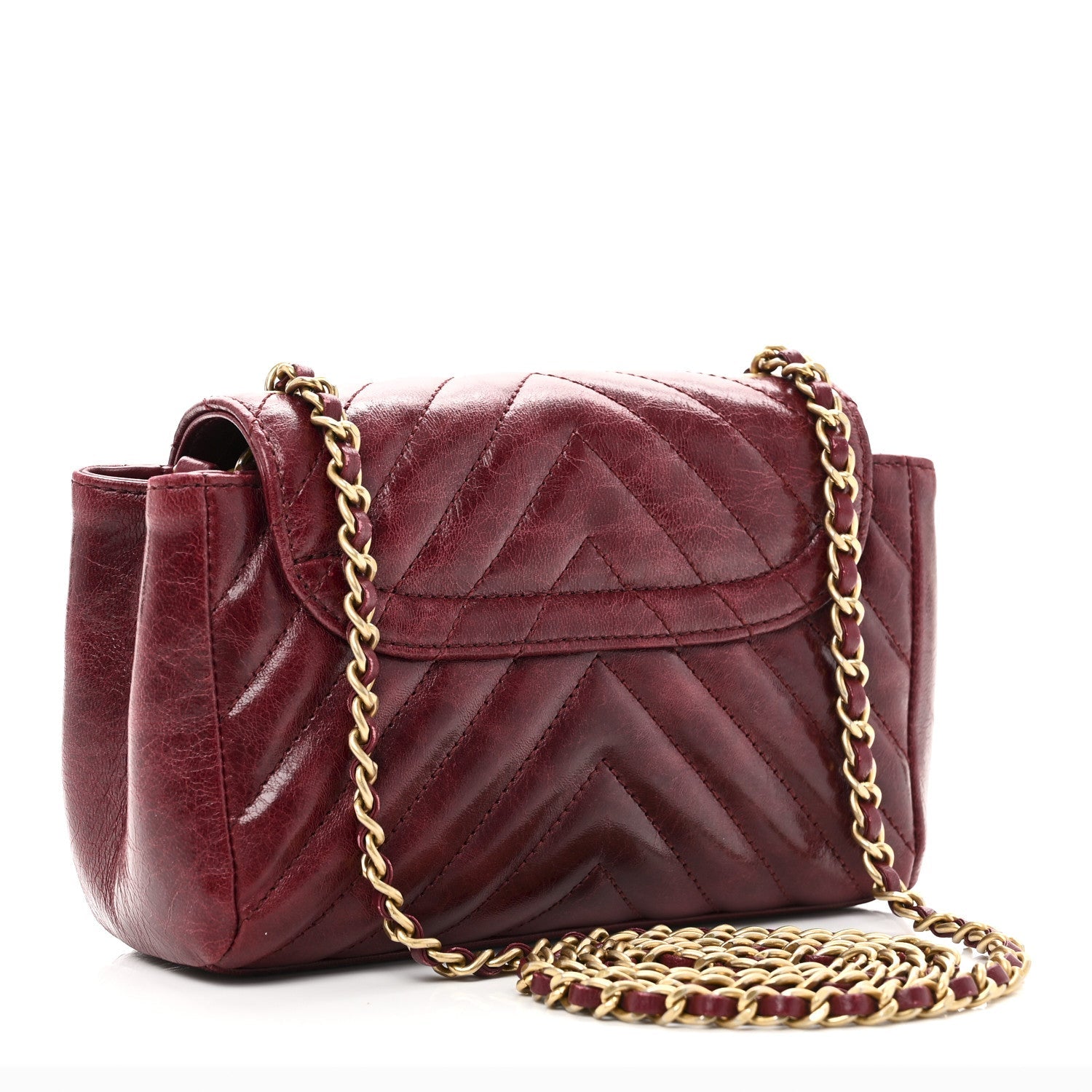 Glazed Calfskin Chevron Quilted Small Hampton Flap Burgundy