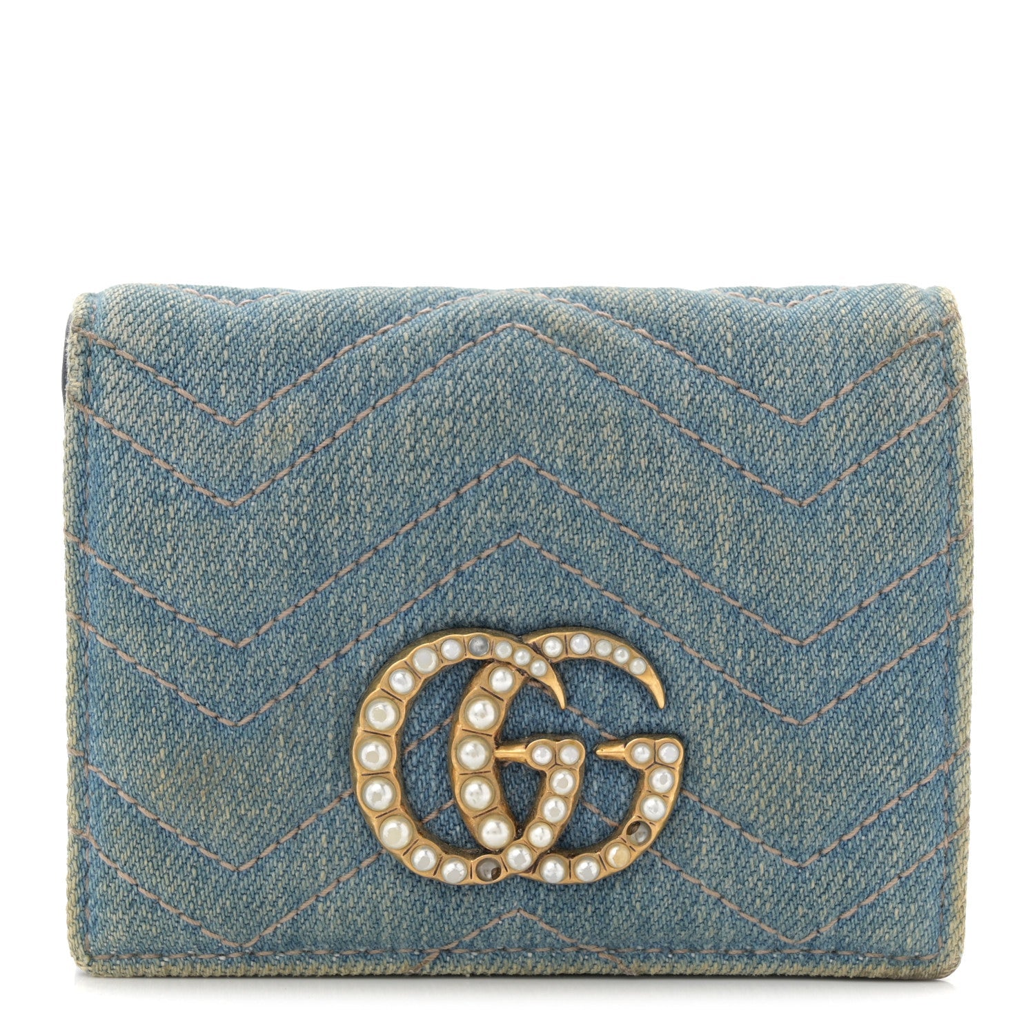 Denim Matelasse Pearly GG Marmont  Case Wallet Blue