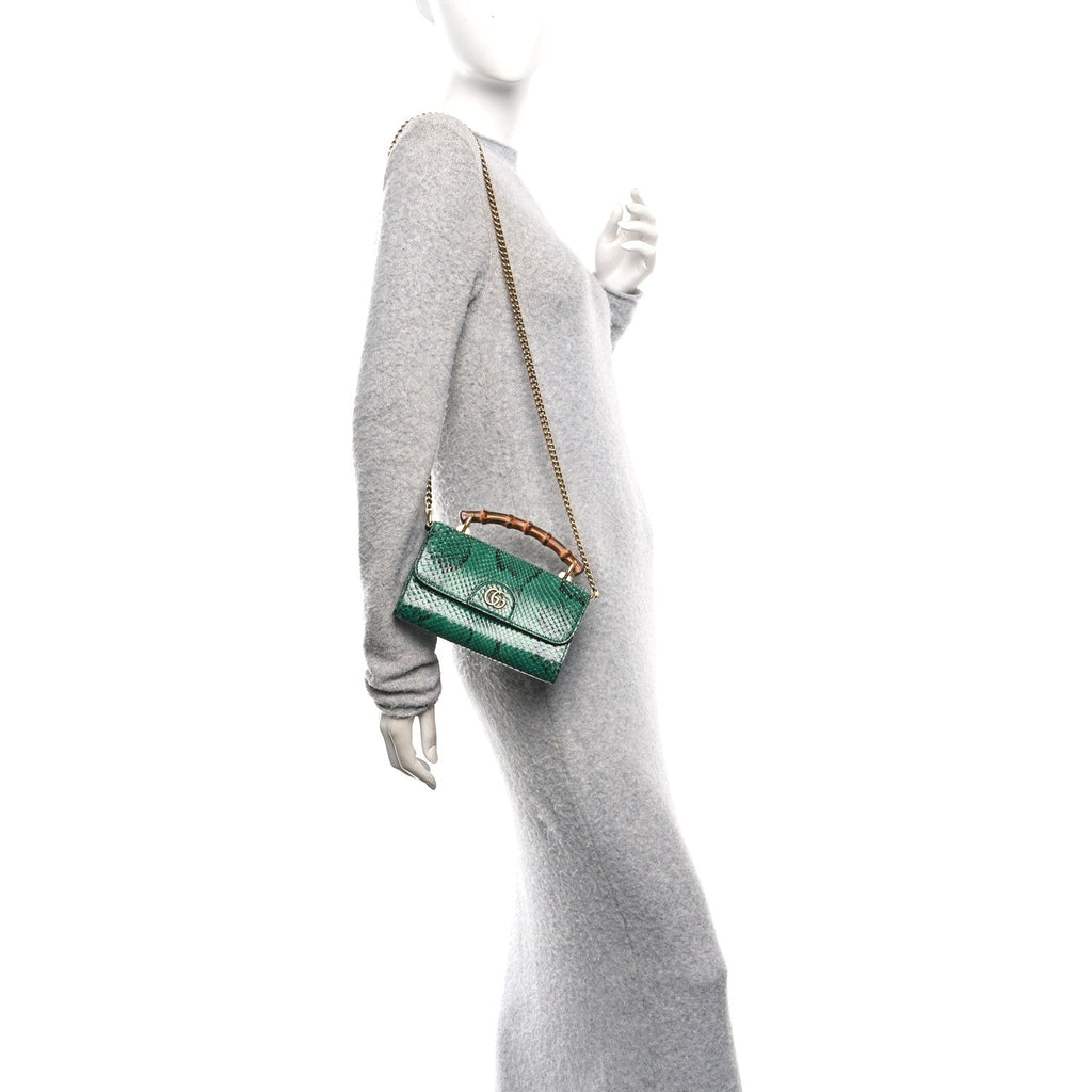 Snakeskin Mini Diana Bamboo Top Handle Clutch Emerald