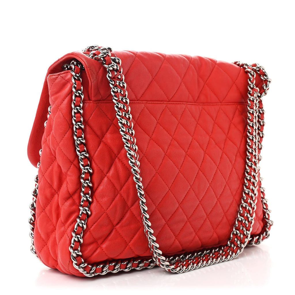 Washed Lambskin Quilted Maxi Chain Around Flap Red