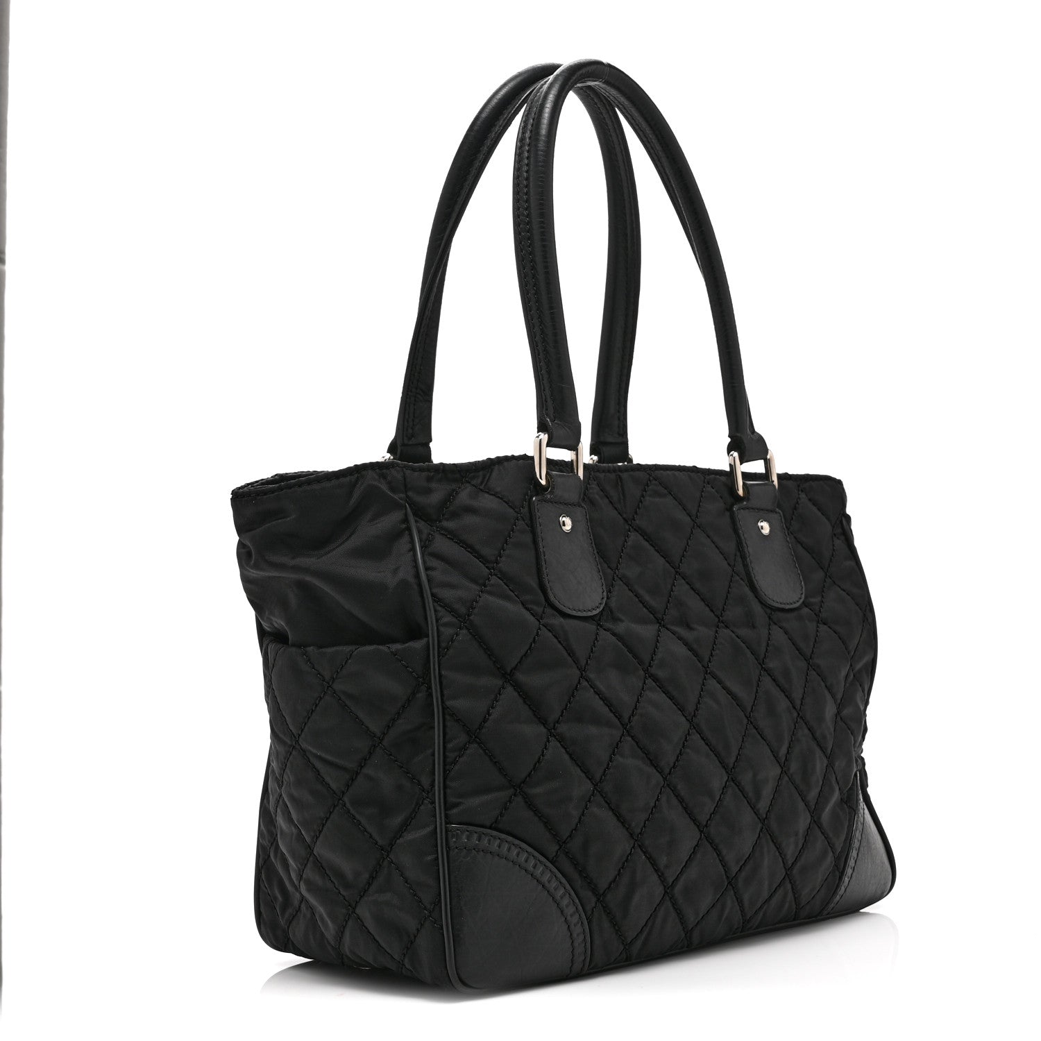 Nylon Calfskin Quilted CC Paris New York Tote Bag Black