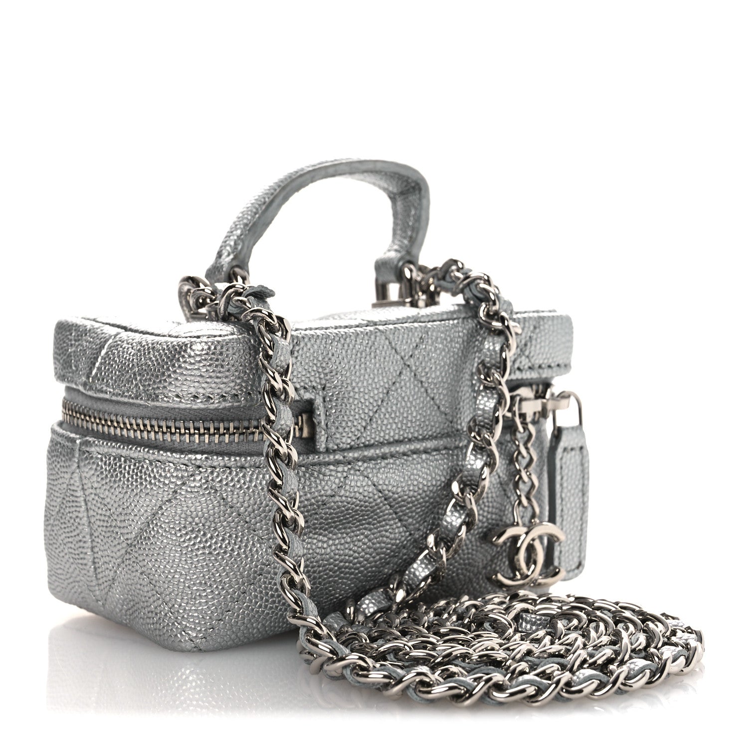 Metallic Caviar Quilted Mini Top Handle Vanity With Chain Silver
