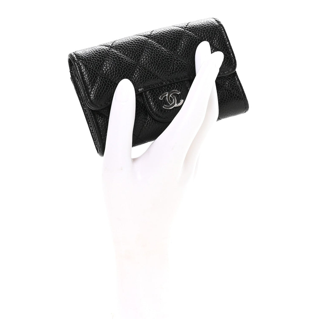 Caviar Quilted Flap  Holder Wallet Black