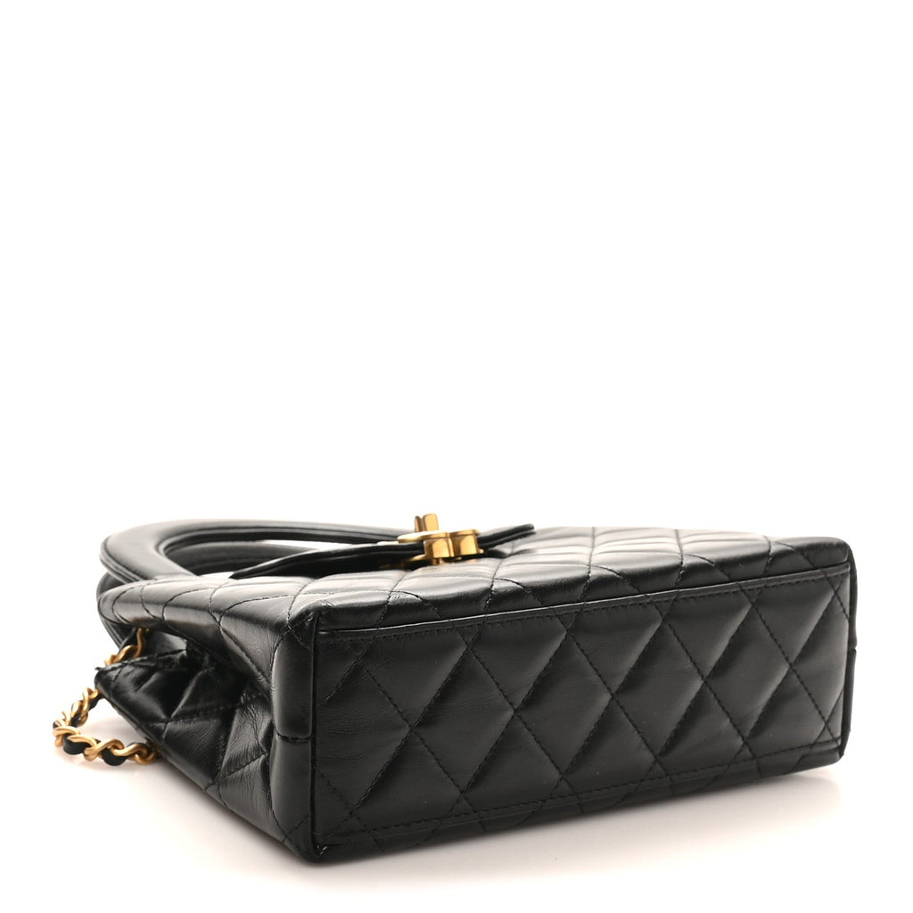 Shiny Aged Calfskin Quilted Nano Kelly Shopper Black