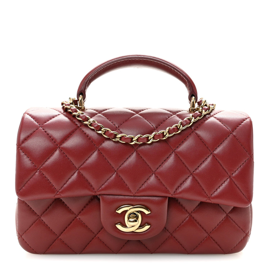 Lambskin Quilted Mini Top Handle Rectangular Flap Burgundy