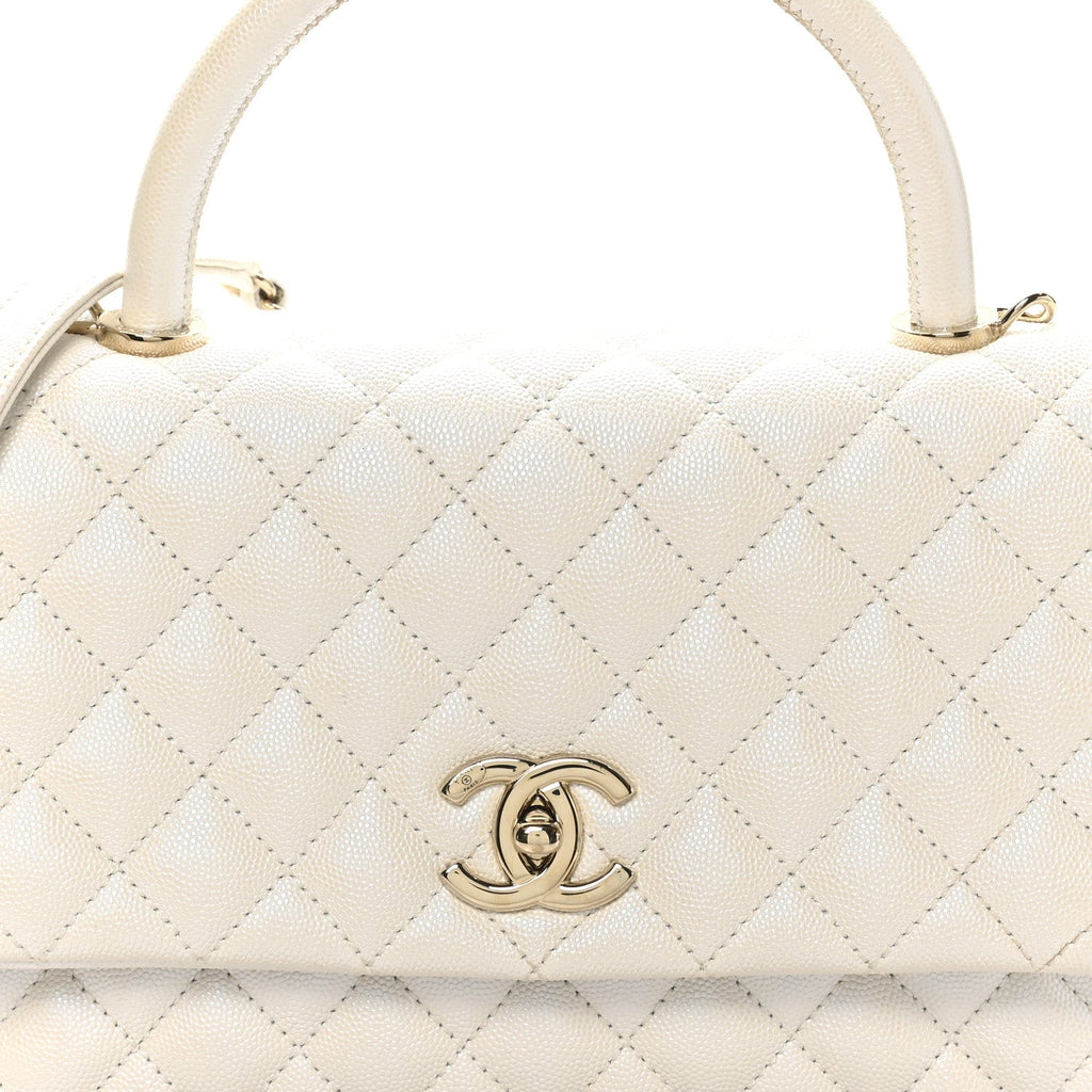 Iridescent Caviar Quilted Small Coco Handle Flap White