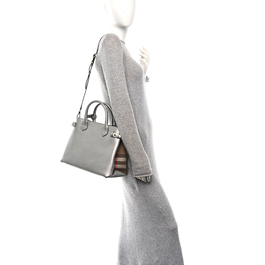 Metallic Grainy Calfskin House Check Medium Banner Tote Silver