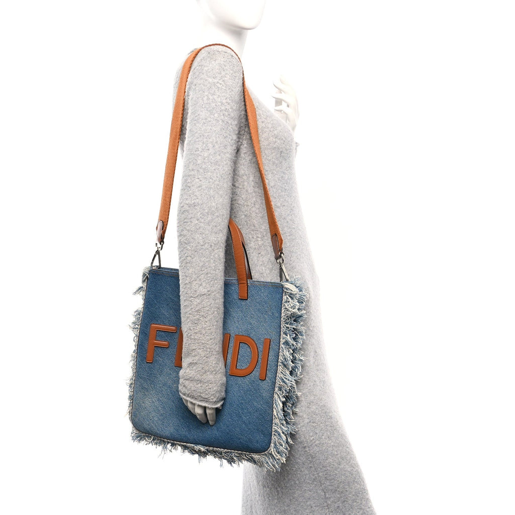 Denim Lavato Vitello King Logo Embroidered Frayed Tote Denim Chiaro Cuoio