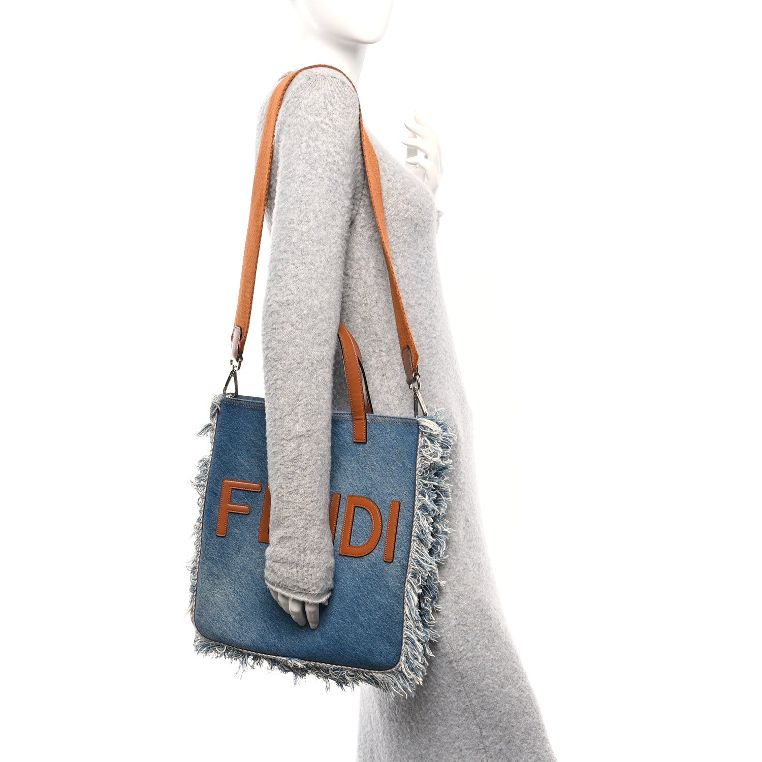 Denim Lavato Vitello King Logo Embroidered Frayed Tote Denim Chiaro Cuoio