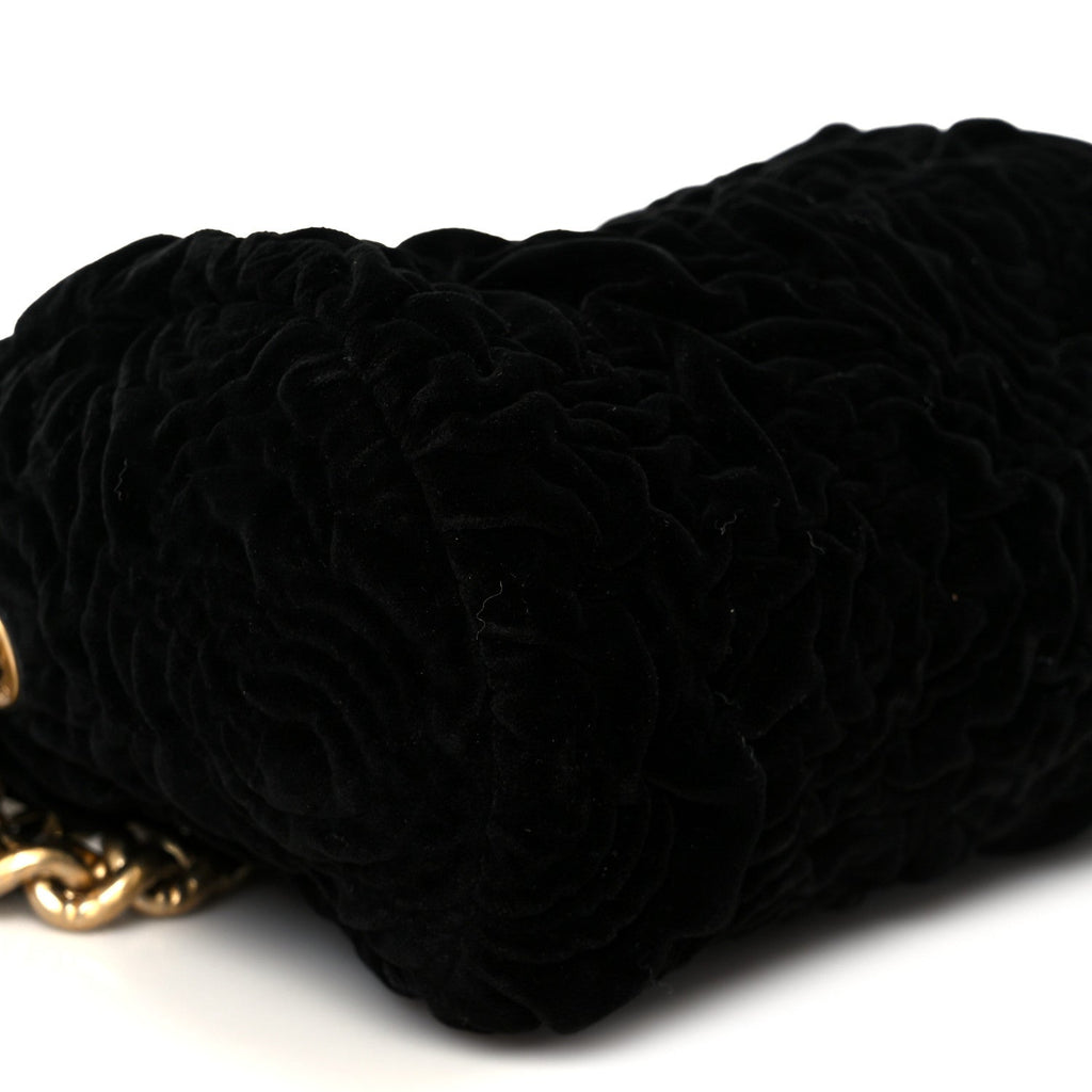 Velvet Camellia Embossed Barrel Clutch With Chain  Black