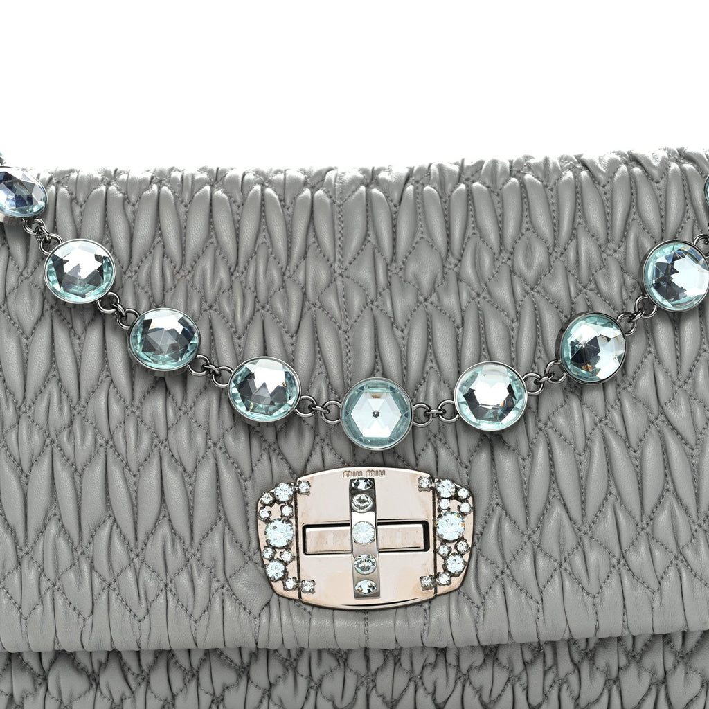 Nappa Matelasse Crystal Flap Clutch Grey