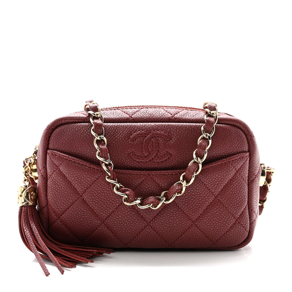 Caviar Quilted Mini Coco Tassel Camera Case Burgundy