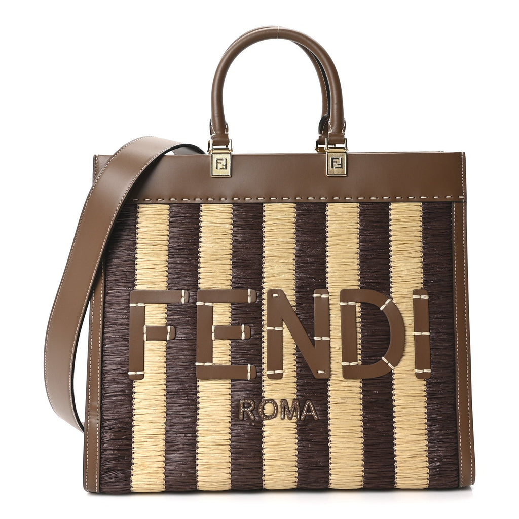 Paglia Pequin Vitello King Woven Medium Fendi Sunshine Shopper Tote Naturale Gianduia