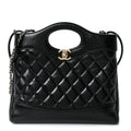 Shiny Crumpled Calfskin Quilted Mini 31 Shopping Bag Black