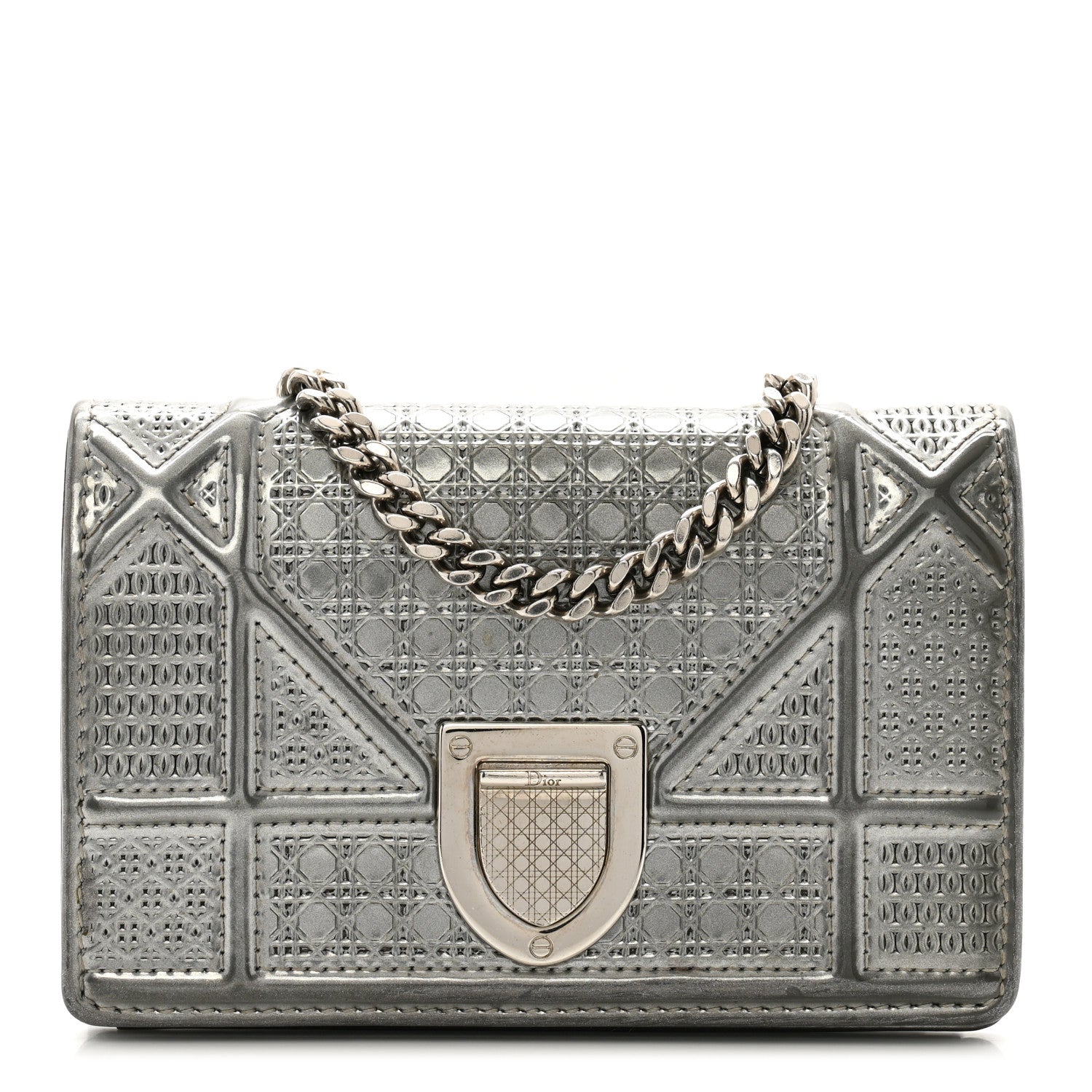Metallic Patent Micro-Cannage Baby Diorama Flap Bag Silver