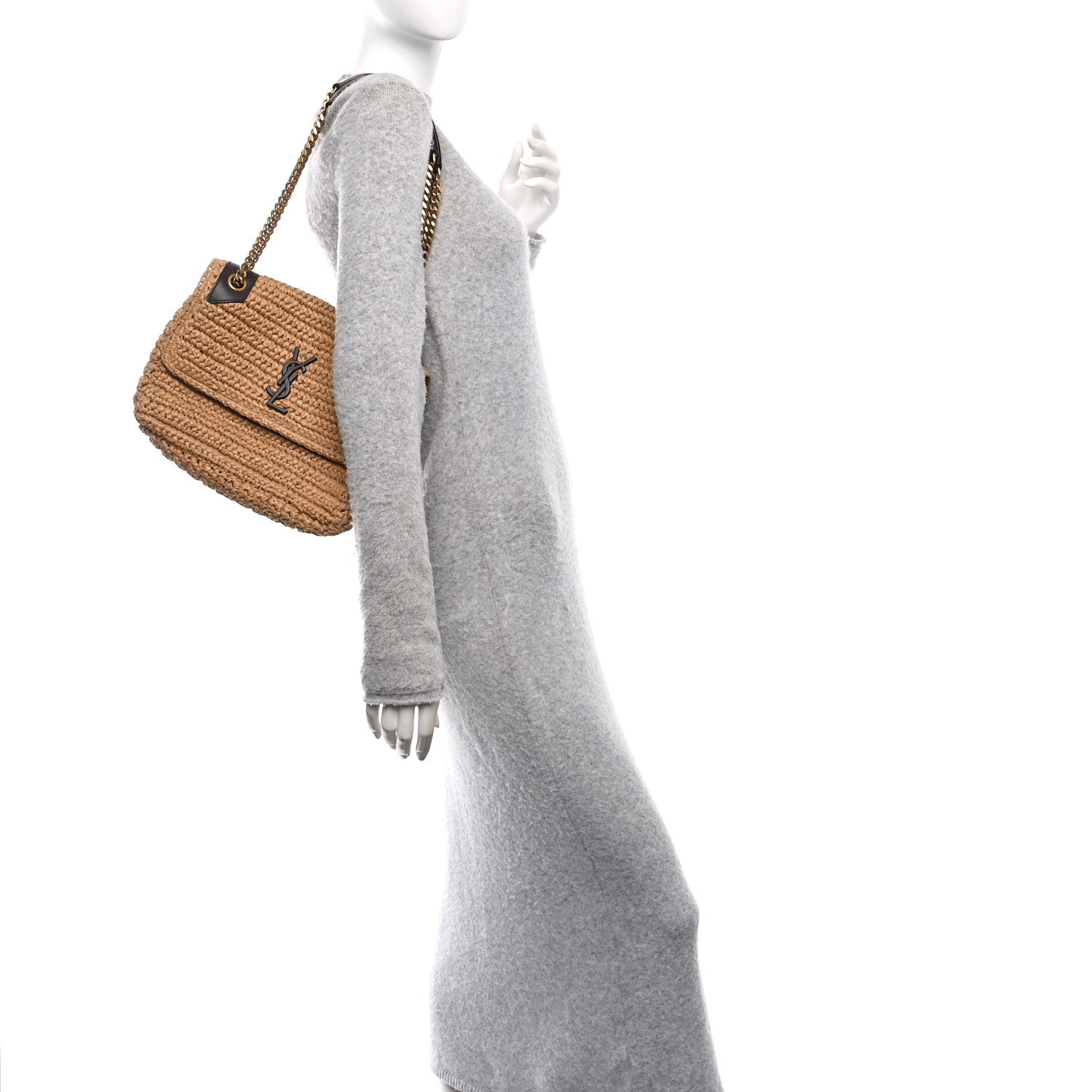 Raffia Calfskin Monogram Medium Niki Chain Satchel Natural