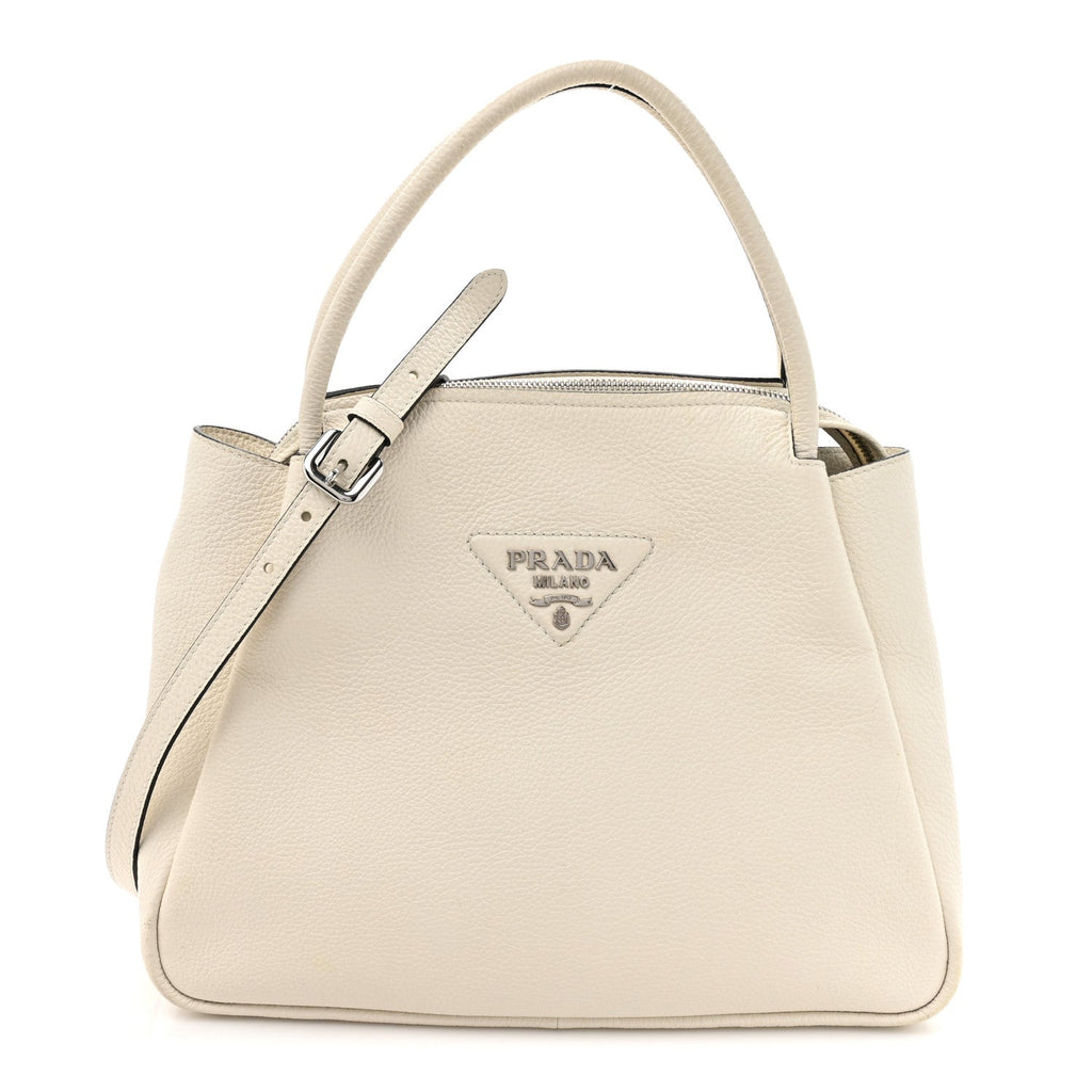 Vitello Daino Soft Medium Zippered Top Handle Bag White