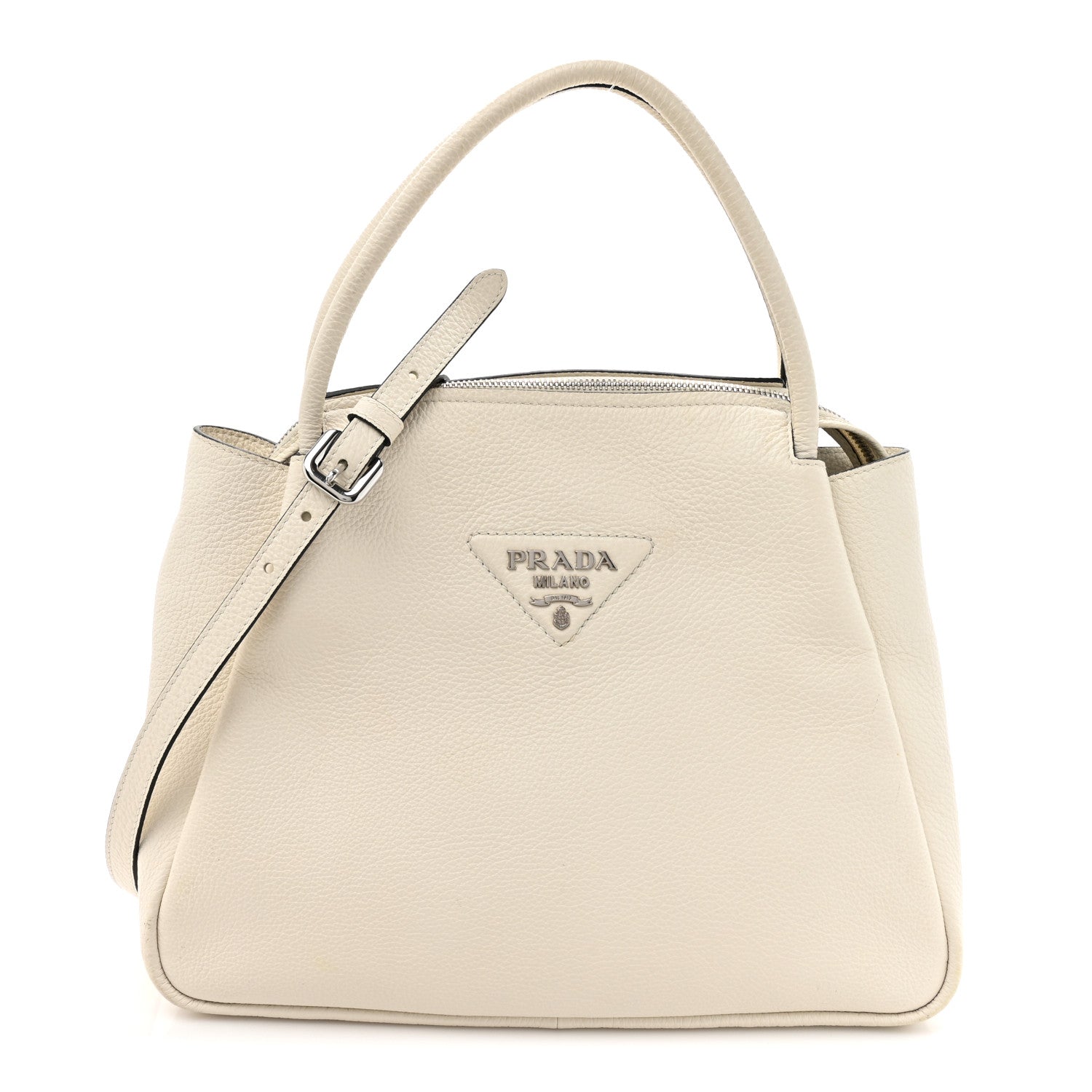 Vitello Daino Soft Medium Zippered Top Handle Bag White