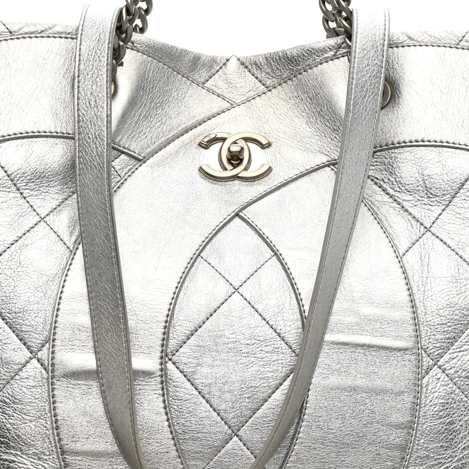 Metallic Calfskin Stitched CC Club Monaco Tote Silver