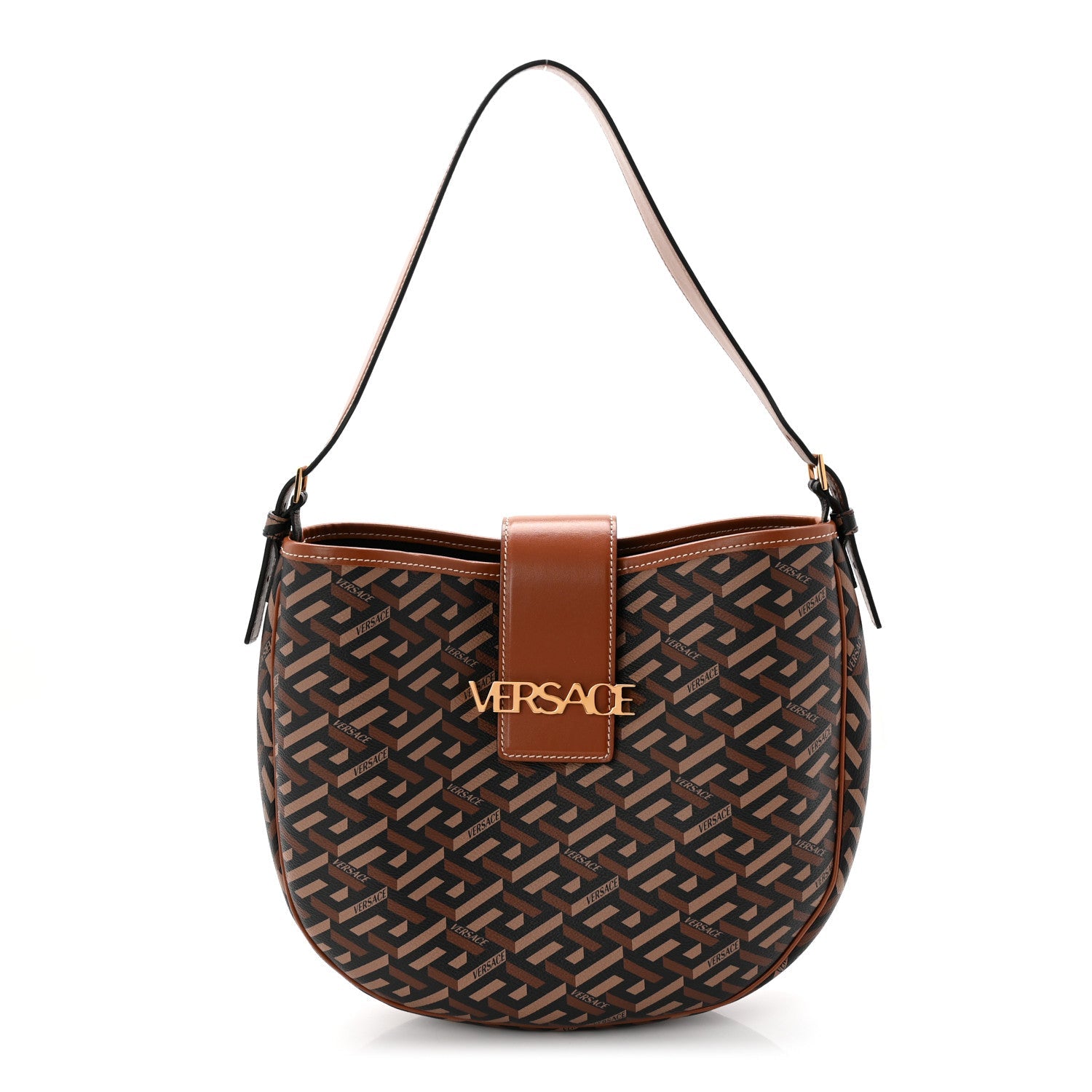 Coated Canvas Calfskin La Greca Signature Shoulder Bag Black Caramel