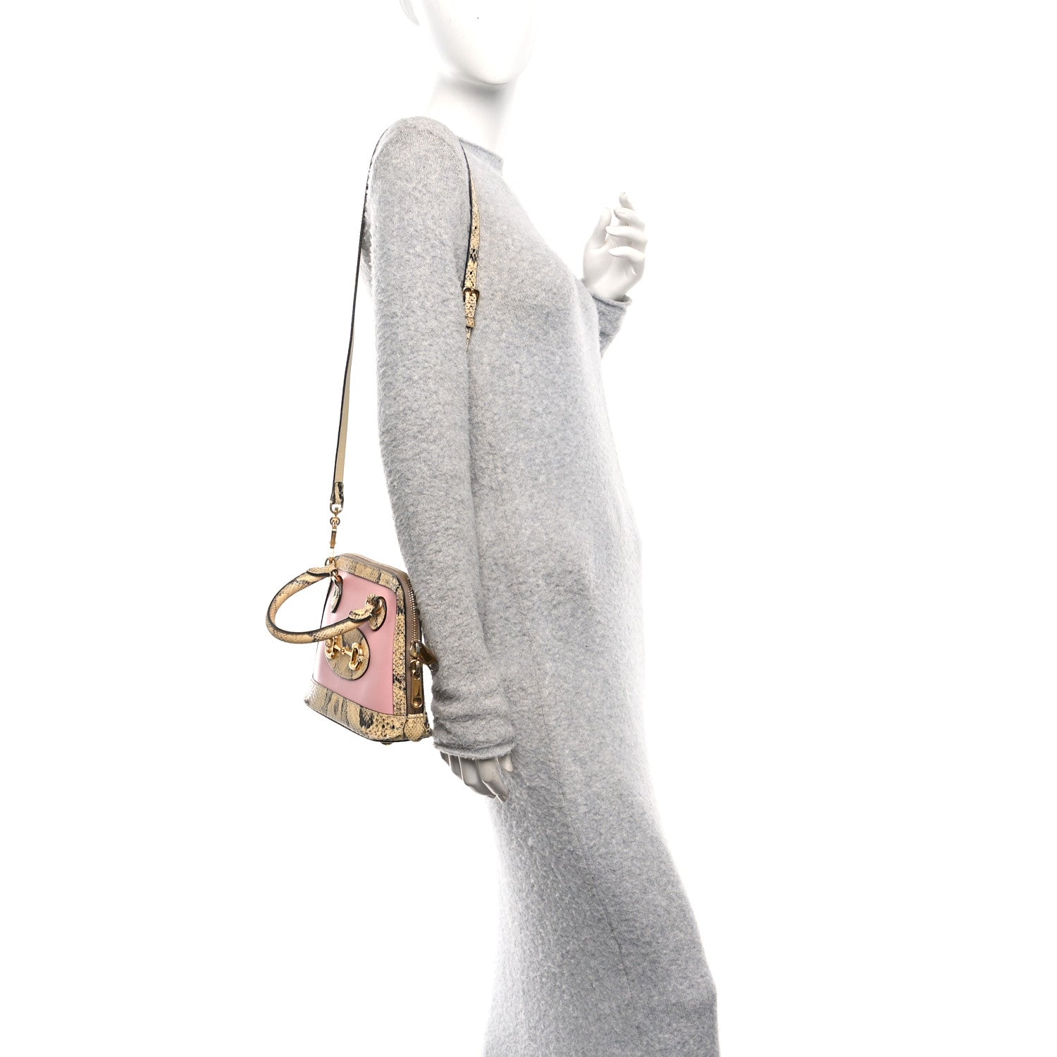 Snakeskin Boarded Plutone Calfskin Mini Horsebit 1955 Top Handle Bag Wild Rose Beige