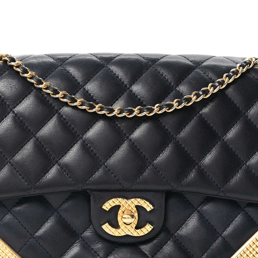 Calfskin Quilted Rock The Corner Flap Navy