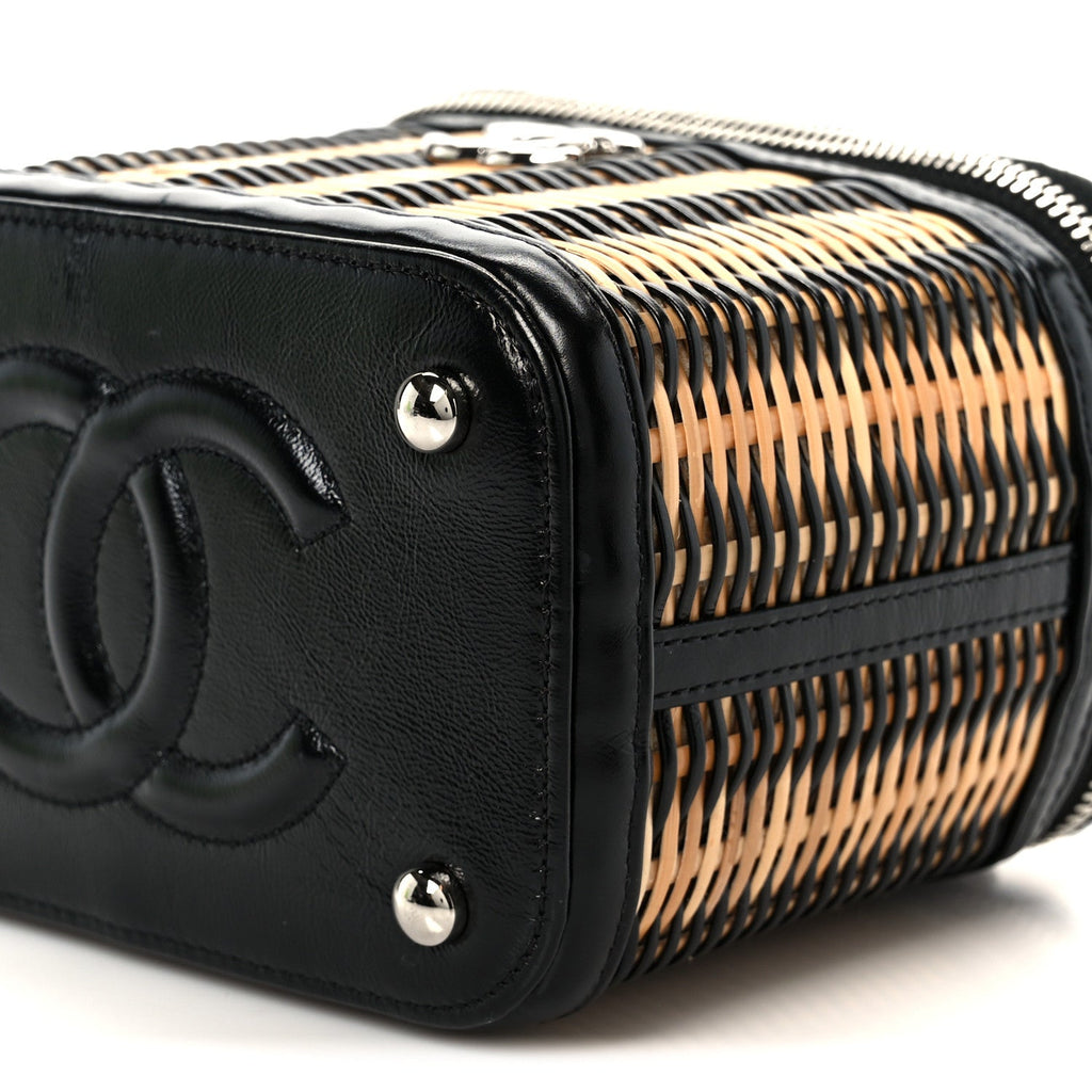 Calfskin Raffia Small Vanity Case Bag Black Beige