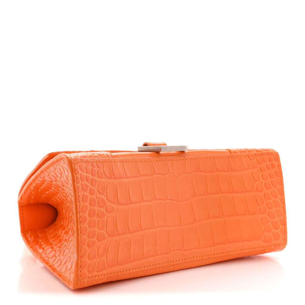 Shiny Calfskin Crocodile Embossed Small Hourglass Top Handle Bag Pop Orange