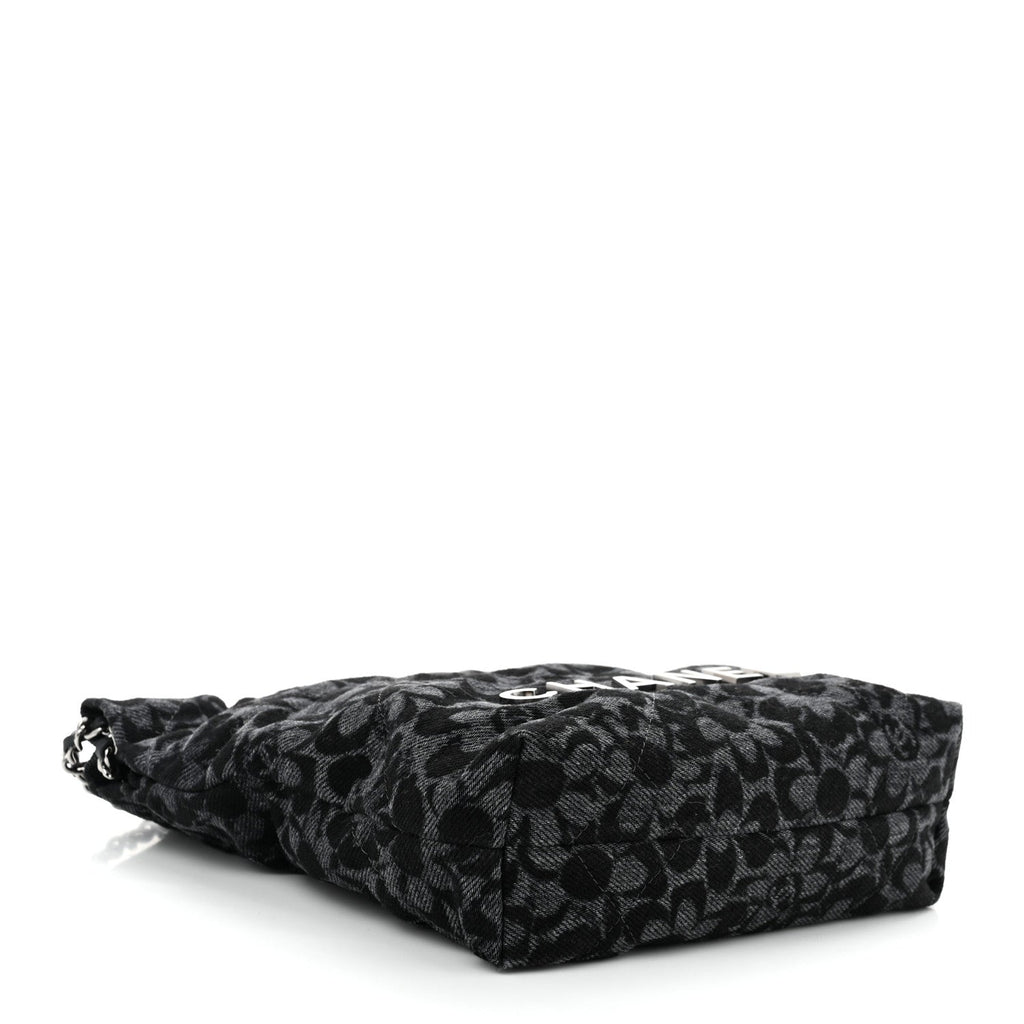Denim Quilted Floral Print Mini Chanel 22 Black Grey