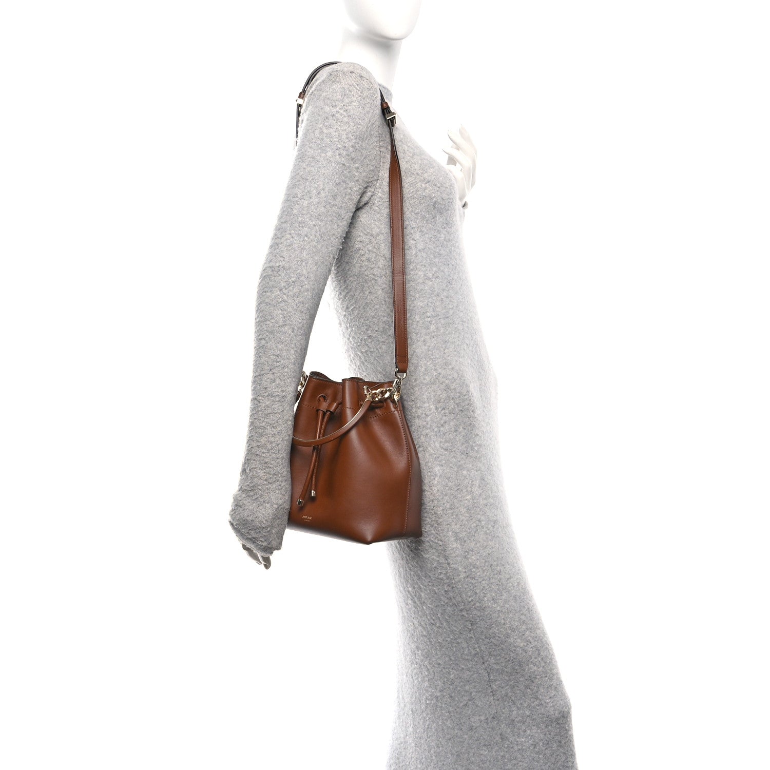 Smooth Shiny Calfskin Bon Bon Bucket Bag Dark Tan