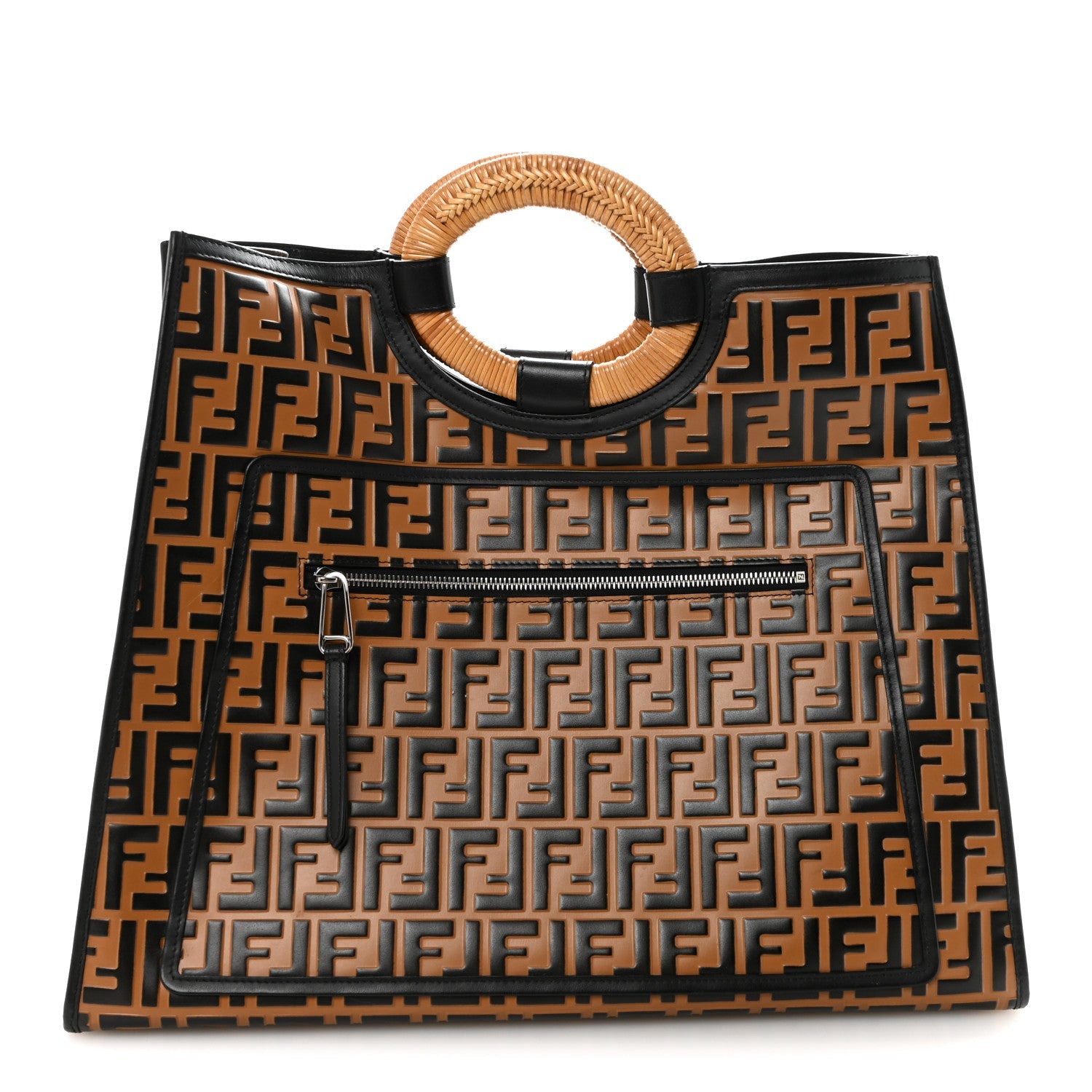 Vitello Century Wicker FF Embossed Large Runaway Shopper Tote Tobacco Black