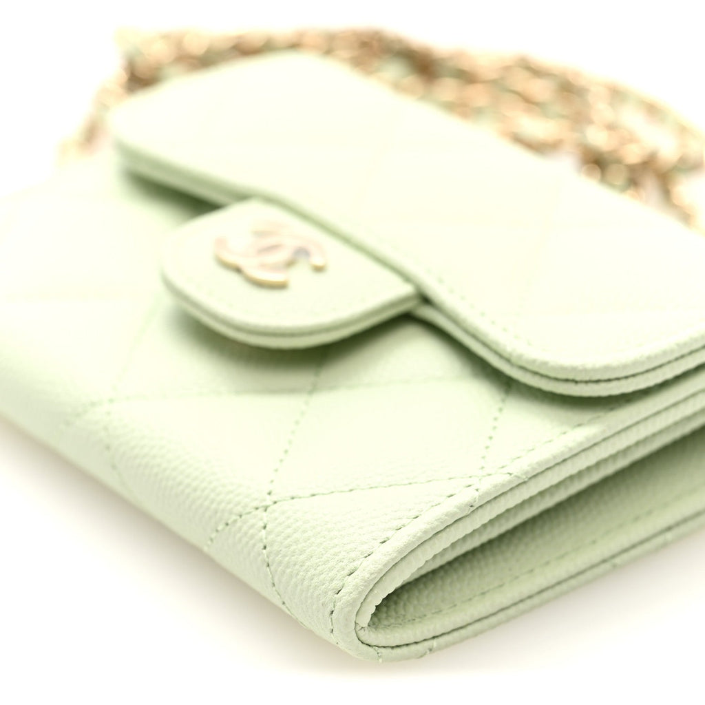 Caviar Quilted Flap  Holder On Chain Light Green