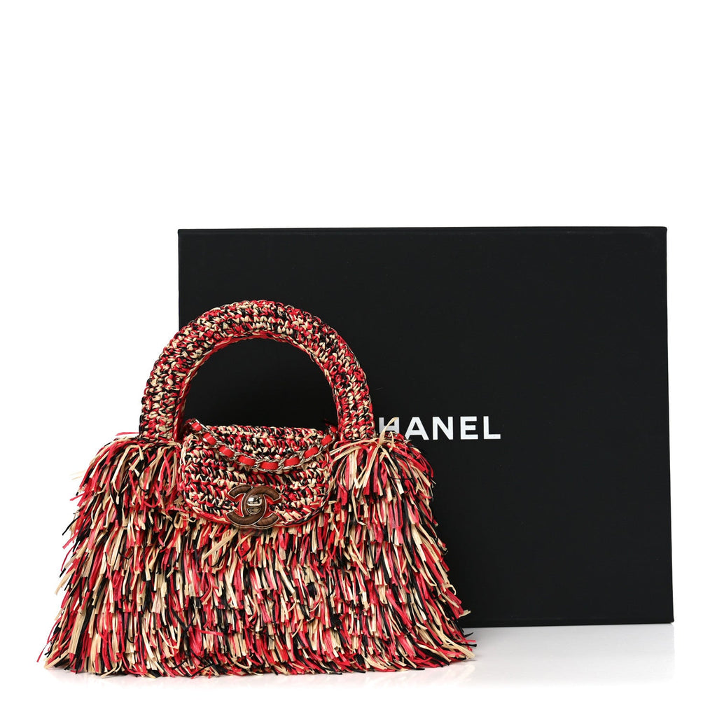 Raffia Fringe Nano Kelly Shopper Red Beige Black