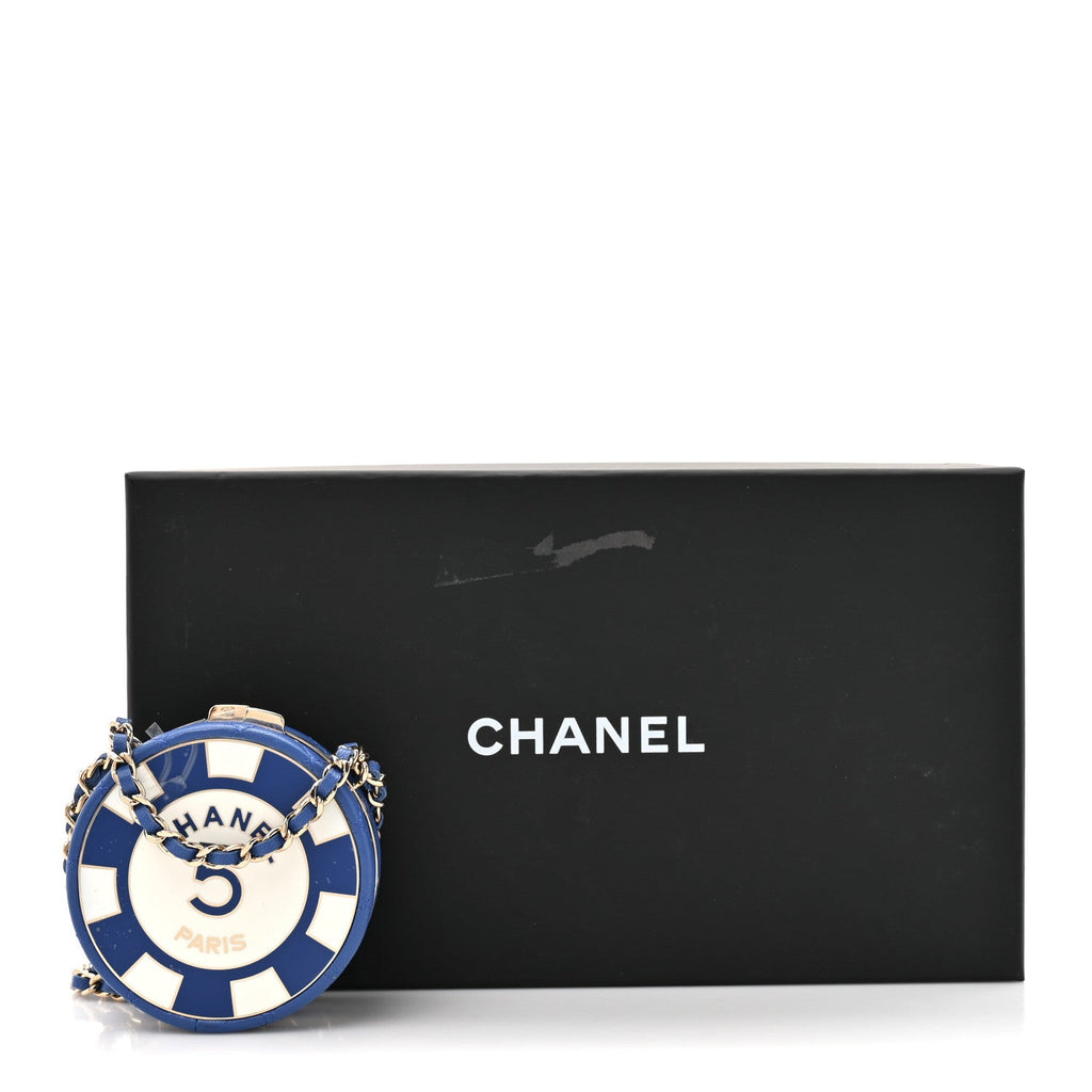 Lambskin Enamel Quilted Round Poker Chip Clutch With Chain Blue White
