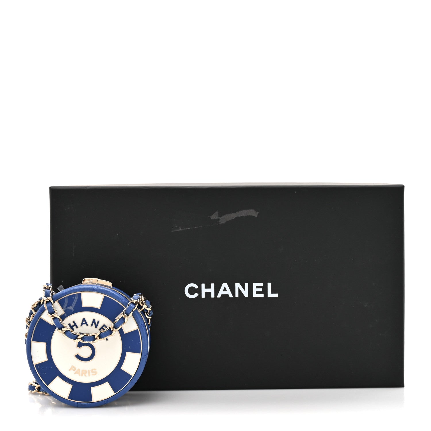 Lambskin Enamel Quilted Round Poker Chip Clutch With Chain Blue White