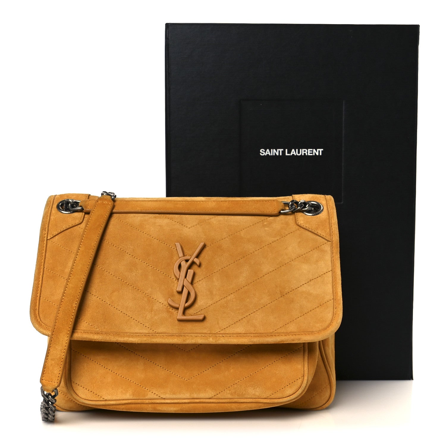 Suede Monogram Medium Niki Chain Satchel Cheddar