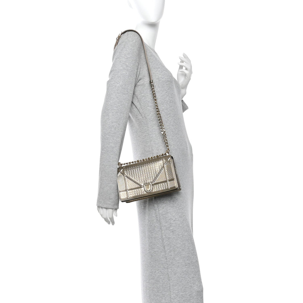 Metallic Patent Micro-Cannage Small Diorama Flap Bag Gold