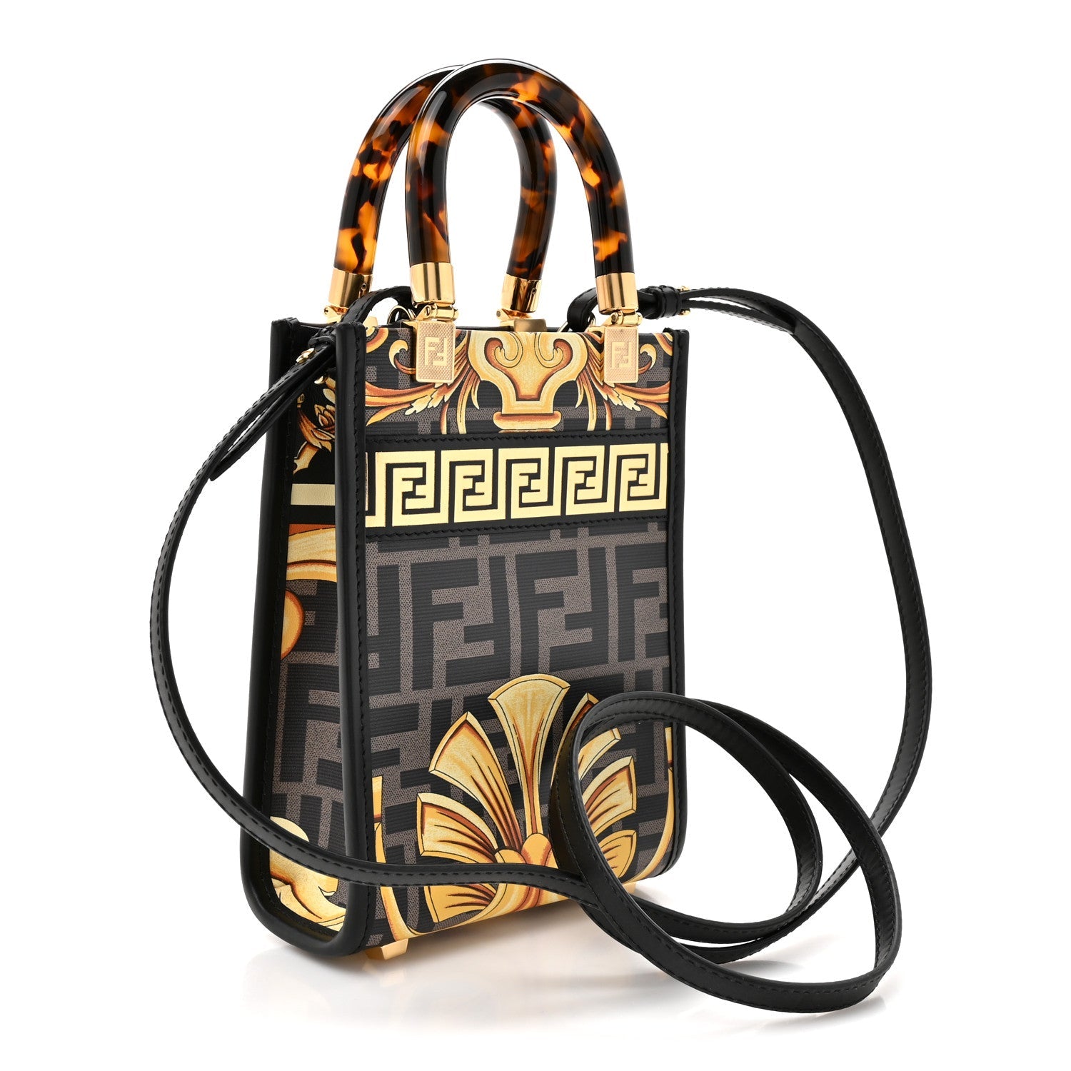 X VERSACE Vitello King Catalan Mirror Plexiglass Fendace FF Baroque Logo Mini Fendi Sunshine Shopper Tote Black Gold