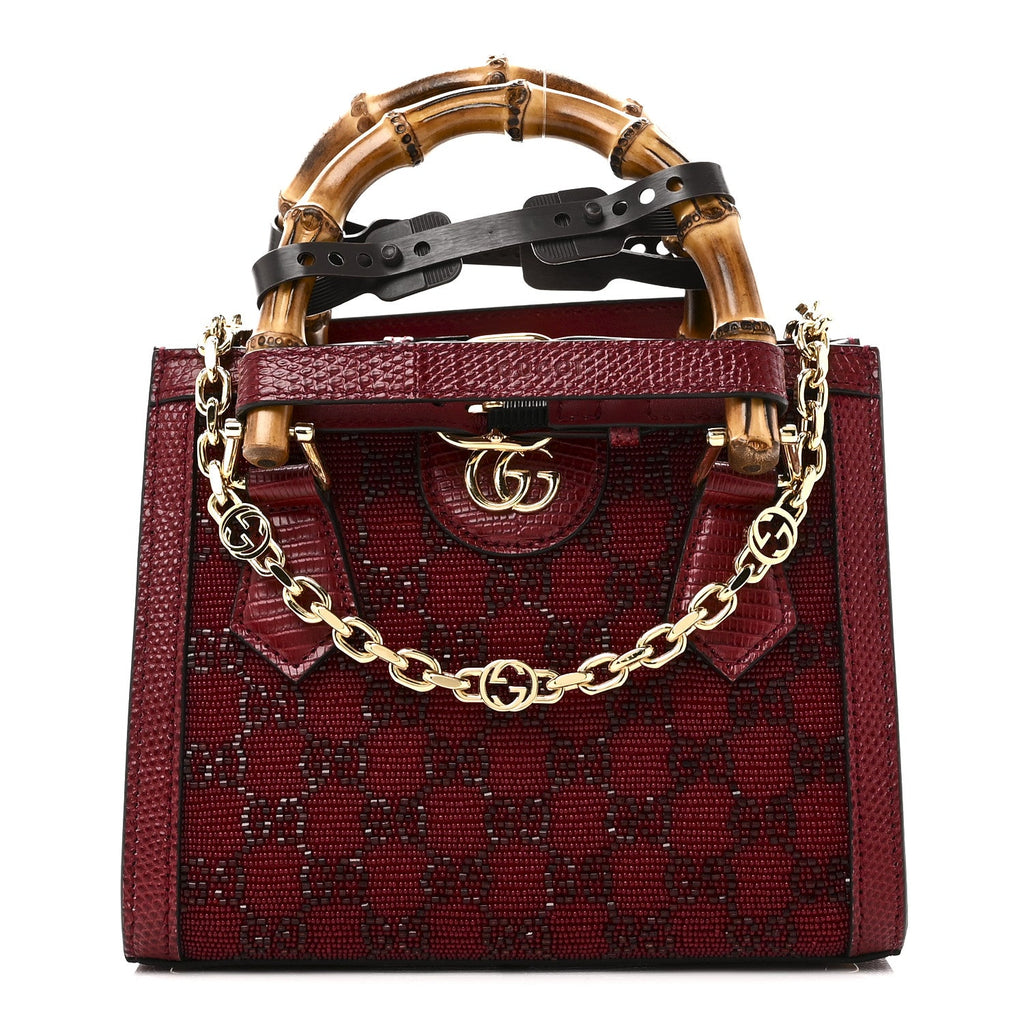 Moire Fabric Calfskin Rhinestone Monogram Monochrome Lizard Embossed Mini Diana Tote Bag Red