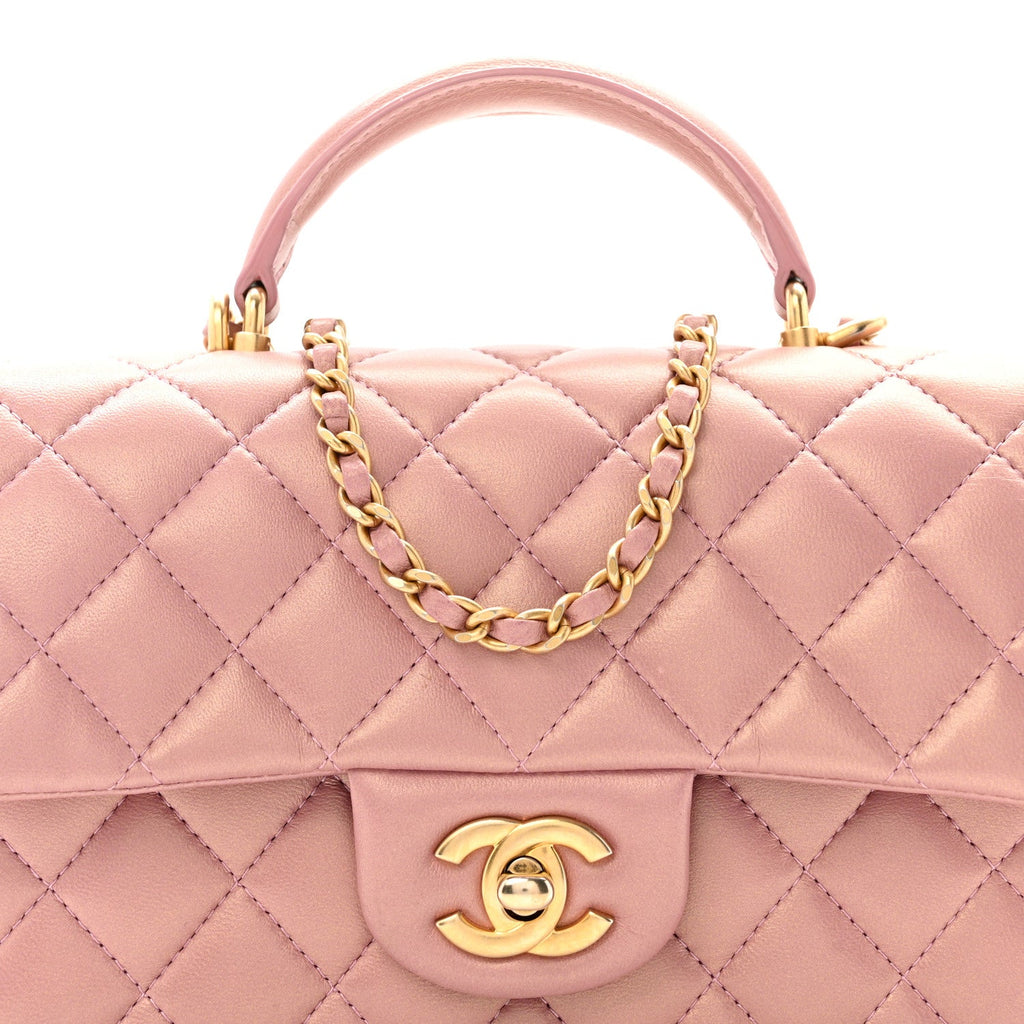 Iridescent Lambskin Quilted Mini Top Handle Rectangular Flap Pink