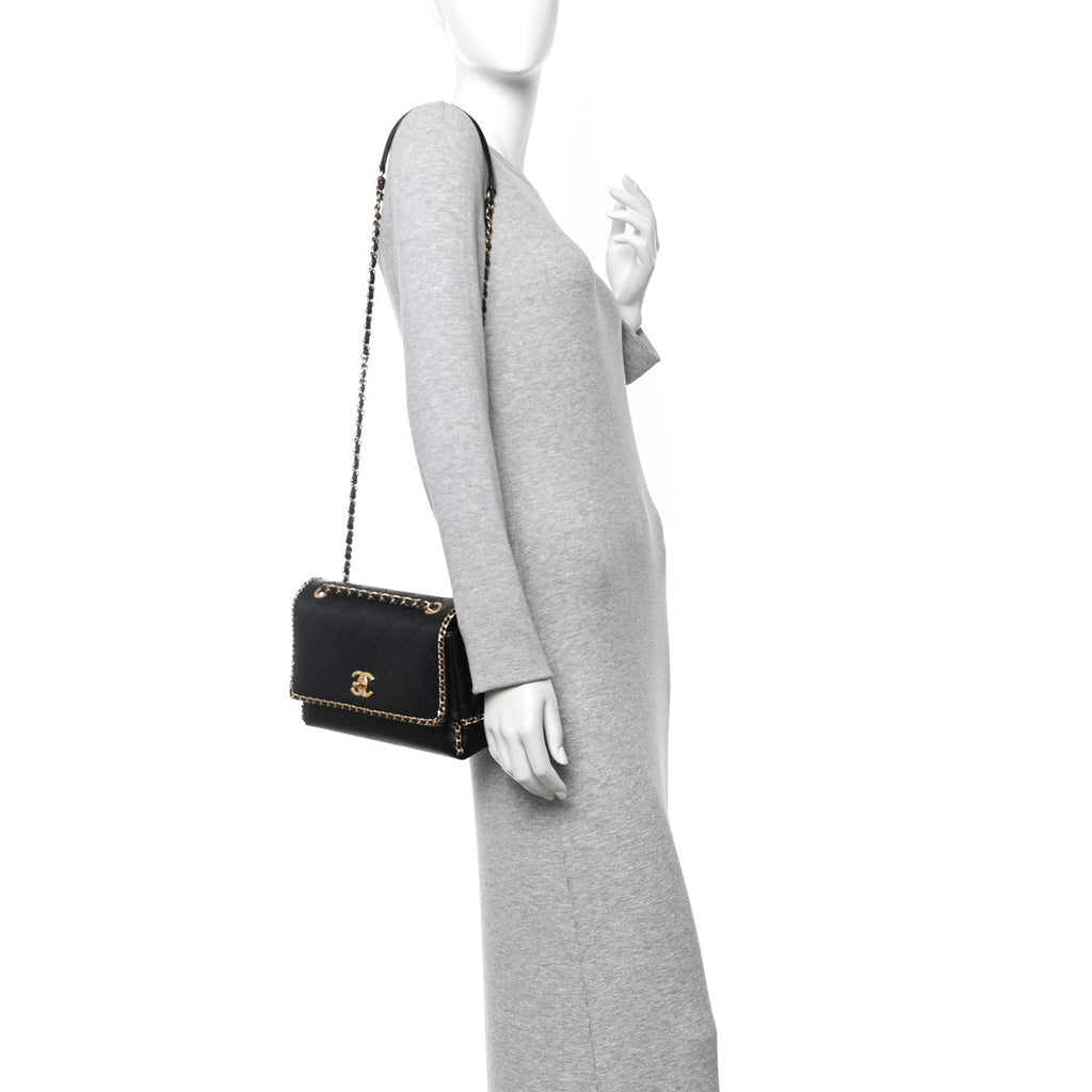 Calfskin Stitched Chain Flap Black