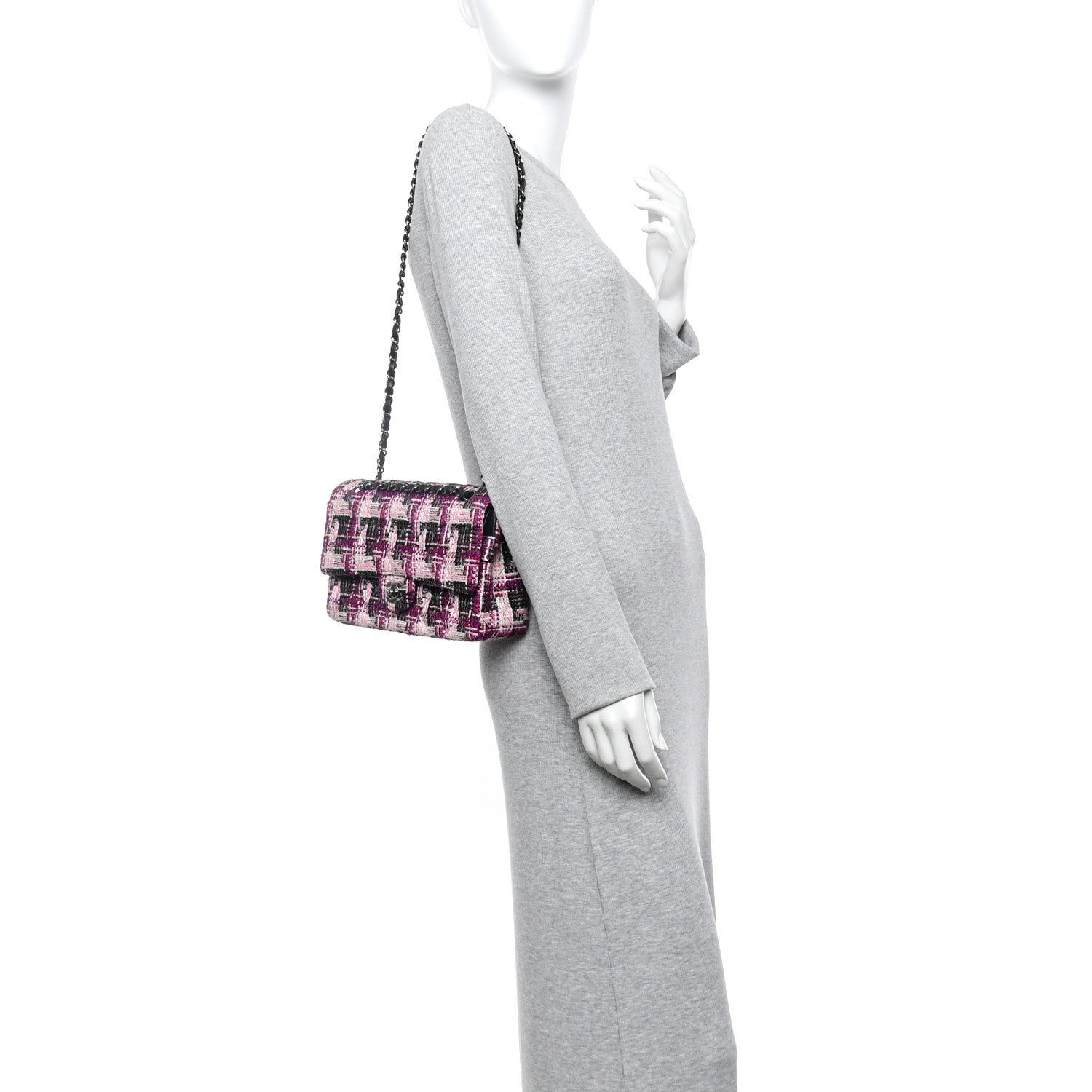 Tweed Quilted Medium Double Flap Pink Black