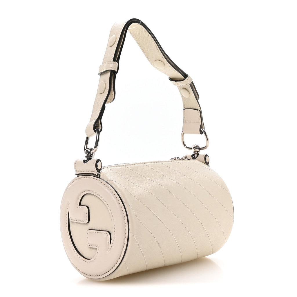 Sakai Be Green Calfskin Diagonal Stitched Mini Blondie Barrel Shoulder Bag Mystic White