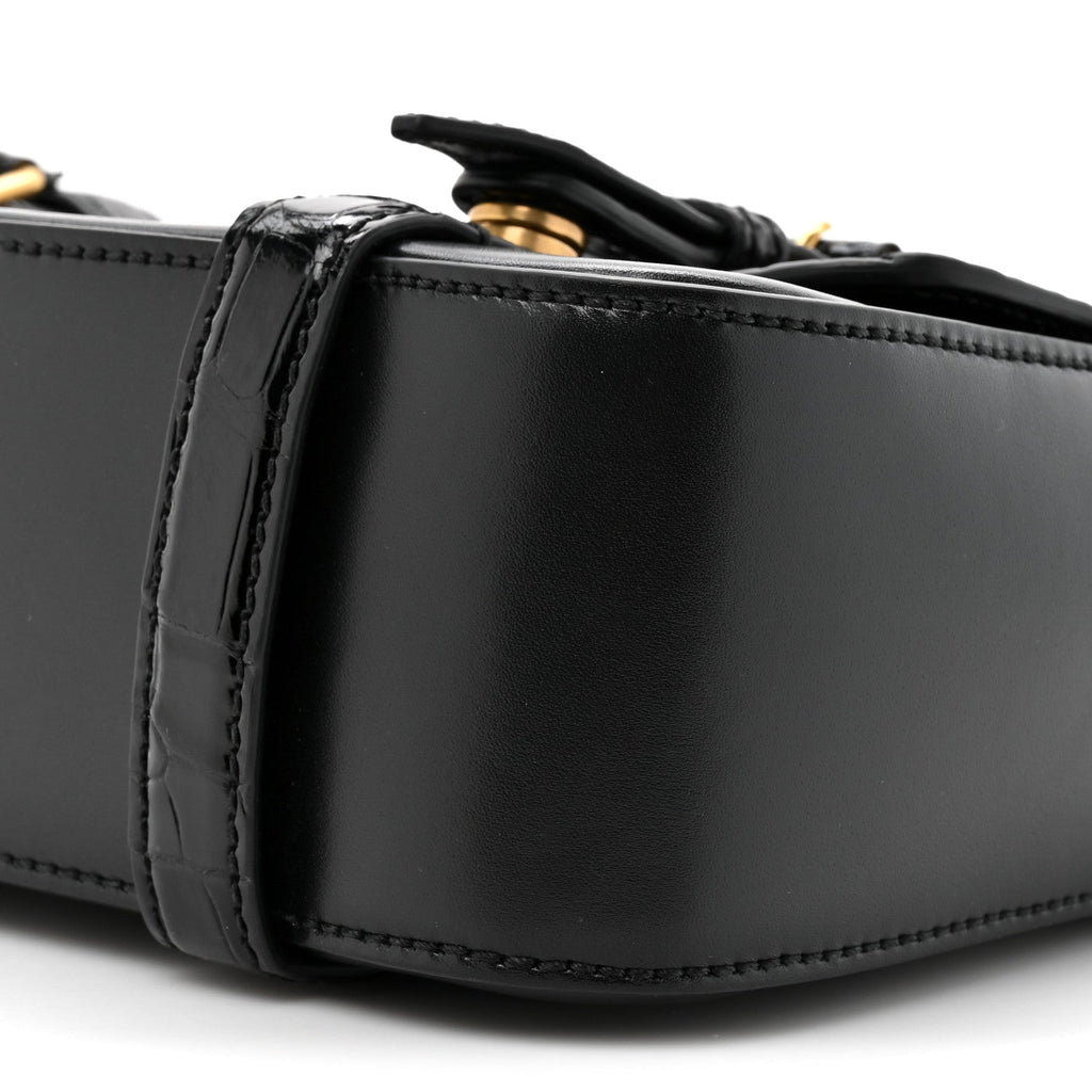 Calfskin Crocodile GG Double Buckle Medium Messenger Bag Black